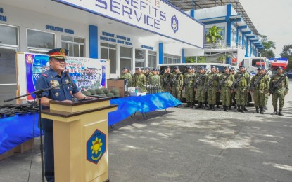 <p><strong>OPERATIONAL BOOST.</strong> Brig. Gen. Rene Pamuspusan, Police Regional Office in Western Visayas’ (PRO 6) regional director, leads on Monday (Feb. 25, 2020) the turnover of newly-acquired equipment and vehicles at Camp Delgado. Pamuspusan said the additional logistics will boost the operational capabilities of the police in the region. <em>(PNA photo courtesy of PRO 6)</em></p>