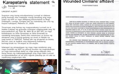 <p><strong>FALSE ACCUSATION</strong>. The statement of Karapatan in the Caraga Region (left) directly contradicts the declaration (right) issued by the victims of the attack of the New People’s Army (NPA) last February 21 in Sitio Emerald, Diatagon, Surigao del Sur. Military officials in the area said the claims of the group are false and misleading. <em>(Photo courtesy of 3rd Special Forces Battalion, Army)</em></p>