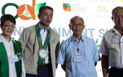 <p><strong>CDO GOES GREEN.</strong> Environmental advocacy group Green Convergence praises the local government of Cagayan de Oro City for enforcing policies on solid waste management, during a summit on Wednesday (Feb. 26, 2020). From left are Green Convergence president Dr. Angelina Galang , Environment and Natural Resources Undersecretary Juan Miguel Cuna, Cagayan de Oro Archbishop Antonio Ledesma, and City Mayor Oscar Moreno. <em>(Photo courtesy of Roel Felicitas)</em></p>