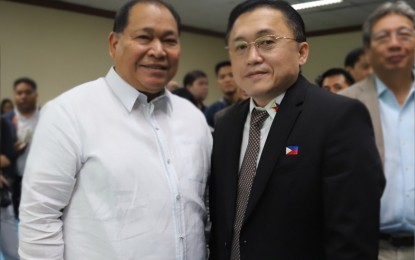 <p>Sen. Bong Go (right) and DBM Secretary Wendel E. Avisado (left)</p>