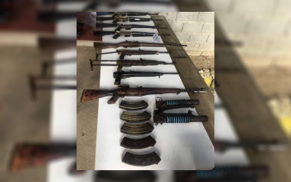 <p><strong>DISCOVERED.</strong> The high-power firearms owned by communist guerillas recovered by troops belonging to the Army's 66th Infantry Battalion in Sitio Danawan, Barangay Manurigao in New Bataan, Davao de Oro, on Tuesday afternoon (Feb. 25, 2020). Army officials say civilian tip-offs have proven vital to the recovery of the firearms. <em>(Photo courtesy of Eastmincom)</em></p>