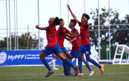 <p><strong>WINNERS.</strong> Mark Cantos celebrates along with his Negros Occidental teammates as he scored the marginal goal for his team in the semifinals of the PFF U15 Boys National Championship on Wednesday (Feb. 26, 2020) at the PFF National Training Center in Carmona. Negros Occidental claimed the first seat in the final of the PFF U15 Boys National Championship after taking down Davao-South, 1-0, in the semifinals. <em>(Photo courtesy of PFF)</em></p>