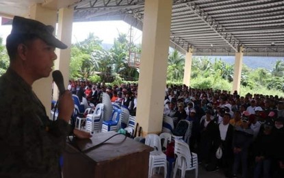 <p><strong>INFO DRIVE.</strong> Lt. Col. Reandrew P. Rubio, acting commanding officer of the Philippine Army’s 91st Infantry Battalion, delivers his message during an information and awareness campaign at the Mount Carmel College campus in Barangay Pingit, Baler, Aurora on Saturday (Feb. 29, 2020). The campaign aims to counter the recruitment efforts of the Communist Party of the Philippines-New People’s Army, particularly among students. <em>(Photo by Jason de Asis)</em></p>