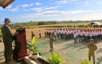 <p><strong>ROUGH COURSE AHEAD.</strong> Maj. Gen. Diosdado Carreon, commander of the Army’s 6th Infantry Division, speaks to candidate-soldiers who started their six months of rigid training at 6th ID Division Training Center in Barangay Semba, Datu Odin Sinsuat, Maguindanao on Sunday (March 1, 2020). Of the total aspirants, 191 are males and 11 are females. <em>(Photo courtesy of 6ID)</em></p>