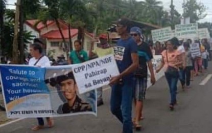<p><strong>CONDEMNATION</strong>.  Some 600 Negrenses marched and held an indignation rally to condemn the atrocities of the Communist Party of the Philippines-New People’s Army (CPP-NPA) in La Carlota City, Negros Occidental on Saturday (Feb. 29, 2020). The activity coincided with the interment of Negrense policeman Capt. Efren Espanto Jr. who died during a clash with the NPA rebels in Janiuay, Iloilo on February 12. (<em>Photo courtesy of 32nd Civil Military Operations Company, Philippine Army</em>) </p>