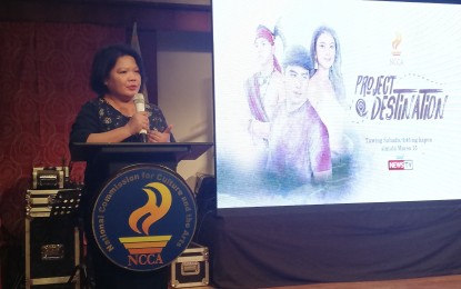 <p><strong>FILIPINO VALUES. </strong>NCCA deputy executive director Marichu Tellano says "Project Destination" is a product of two years of research to find out the most important values for Filipinos. Coming up with a teleserye is the NCCA's way to veer away with lectures and entice the audience, she said during the launch at the NCCA's office in Intramuros on Tuesday (March 3, 2020). (<em>PNA photo by Cristina Arayata</em>) </p>