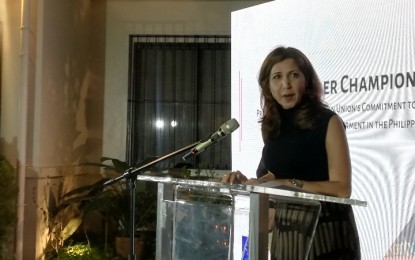<p><strong>GENDER CHAMPION</strong>. Austrian Ambassador Bita Rasoulian delivers a speech as the 2020 EU Gender Champion in the Philippines during the EU Gender Champion presentation in Makati on Monday night (March 2, 2020). The envoy vowed to actively engage partners and stakeholders in the Philippines on the promotion of gender equality and women's rights. <em>(Photo by Joyce Ann L. Rocamora)</em></p>
