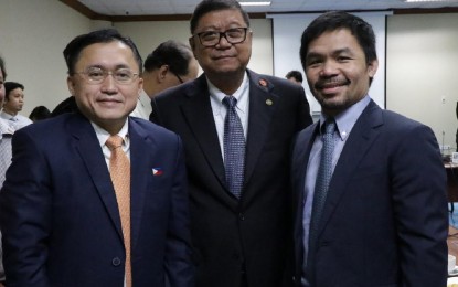 <p><strong>SPORTS DEVELOPMENT.</strong> Philippine Sports Commission chairman William Ramirez poses with Senators Bong Go and Manny Pacquiao after a Senate hearing at the House of Representatives in Quezon City on Wednesday (Mar. 4, 2020). Several bills which seeks to boost sports development have been discussed.<em><strong> (Photo courtesy of PSC)</strong></em></p>