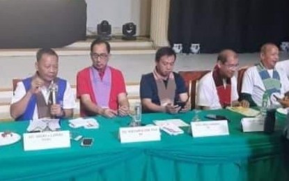 <p><strong>RICE TARIFFICATION</strong>. Department of Agriculture Secretary William Dar (second from left), Technical Education and Skills Development Authority (TESDA) Secretary Isidro Lapeña (left), and other national and local officials during the first anniversary celebration of the rice tariffication law on March 5, 2020 at Urdaneta City, Pangasinan. <em>(Photo courtesy of Ahikam Pasion)</em></p>