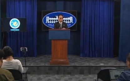 <p><strong>CAUSE FOR CONCERN.</strong> Presidential Spokesperson Salvador Panelo holds a press briefing in Malacañan Palace on Thursday (March 5, 2020). Panelo said if validated, the alleged presence of Chinese People’s Liberation Army (PLA) members in Manila is a cause for concern.<em> (Screenshot)</em></p>
