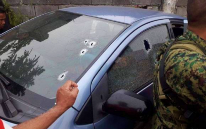 <p><strong>AMBUSHED.</strong> The bullet-riddled car of Patrolman Abdul Mojib Ditucalan, who was killed in an ambush by motorcycle-riding gunmen in Marawi City on Thursday (Mar. 5, 2020). The policeman’s nine-year-old son, who was seated at the back seat of the car, was slightly injured. <em>(Photo courtesy of Marawi CPO)</em></p>