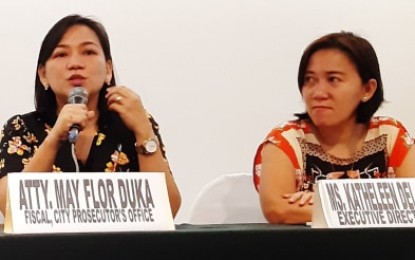 <p><strong>WOMEN TALK.</strong> Dumaguete City prosecutor May Flor Duka (left) and Gender Watch Against Violence and Exploitation (GWAVE) executive director Katheleen del Socorro during a Kapihan sa PIA Forum on Friday (Mar. 6, 2020) at a local hotel in Dumaguete City in celebration of National Women’s Month. GWAVE reported having filed 109 cases concerning violence against women and children (VAWC) in 2019. <em>(Photo by Judy Flores Partlow)</em></p>