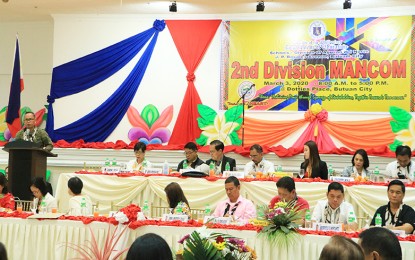 <p><strong>AWARENESS.</strong> Lt. Col. Francisco Molina (standing in podium), the commander of 23rd Infantry Battalion of the Army speaks during the 2nd Division Management Committee Conference of the Department of Education in Agusan del Norte. He noted the importance of teachers in saving the students from the recruitment of the New People’s Army on school campuses. <em>(Photo courtesy of civil-military operations office, 23rd IB, Army)</em></p>