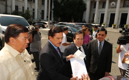<p><strong>PETITION</strong>. Senate President Vicente Sotto III, Senate Minority Floor Leader Franklin Drilon, senators Panfilo Lacson, and Richard Gordon personally appeared at the Supreme Court to file the 56-page petition for declaratory relief and mandamus on Monday (March 9, 2020). In the petition, the Senate asked the high court to declare that the withdrawal from or termination of a treaty previously concurred by the Senate should require the concurrence of 2/3 of its members for it to be valid and effective.<em> (Photo by Benjamin Pulta)</em></p>