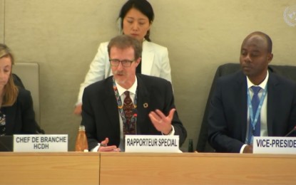 <p>United Nations Special Rapporteur on Environment David Boyd (middle) cites the Philippines’ explicit legal recognition of the right to breathe clean air through the Clean Air Act that provides a comprehensive air quality management policy and program, during the 43rd Human Rights Council Session in Geneva, Switzerland on March 9.  (<em>UN Web TV</em>)</p>