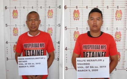 <p><strong>ARRESTED. </strong>Mugshots of Staff Sgt. Eddie B. Manguilimotan (left) and Cpl. Ralfe S. Meraflor (right) who were arrested in an entrapment operation in Prosperidad, Agusan del Sur on Monday (March 9, 2020). The two were the subject of complaints of drivers of delivery trucks and vans who claimed they were being forced to shell money by the two suspects everytime time they pass in their areas. <em>(Photo courtesy of IMEG)</em></p>