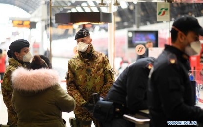 <p>Italian soldiers with face masks are on duty at Milan Central Railway Station in Milan, Italy, on March 9, 2020. Measures to stem the spread of the novel coronavirus will be extended to the entire country in the next hours, Prime Minister Giuseppe Conte announced late on Monday.<em> (Xinhua photo)</em></p>