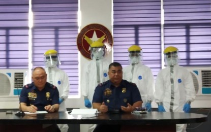 <p><strong>ALERT VS. COVID-19.</strong> NCRPO chief, Maj. Gen. Debold Sinas (center), in a press briefing on Tuesday (March 10, 2020) says four of their personnel will undergo self-quarantine as part of measures to prevent the spread of Covid-19. Sinas, meanwhile, said each of the five NCRPO districts has a quick response team (QRT) that will assist the Department of Health in responding to possible Covid-19 cases. <em>(PNA photo by Lloyd Caliwan)</em></p>