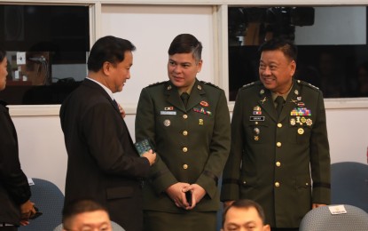 <p>Army reserve colonels, Davao City Mayor Sara Duterte-Carpio and Davao City 3rd District Rep. Isidro Ungab, chat with Senator Francis Tolentino after their confirmation on Wednesday (Mar. 11, 2020) at the Senate in Pasay City. (<em>PNA photo by Avito Dalan)</em></p>
