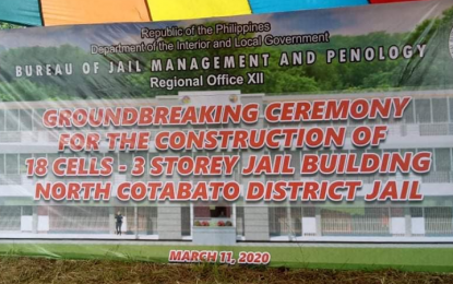 <p><strong>GROUNDBREAKING.</strong> A streamer hangs at the construction site for the groundbreaking ceremony of a PHP21-million, three-storey jail facility inside the North Cotabato District Jail in Barangay Amas, North Cotabato on Wednesday (March 11, 2020). The new jail building, set for completion in three months, is expected to decongest some 1,000 inmates cramped in cells fitted only for 700 prisoners. <em>(Photo courtesy of North Cotabato PIO)</em></p>