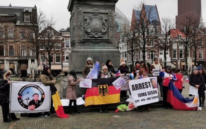 <p>Around 20 members of United Filipino Global from London, Paris, The Hague, Amsterdam, Dusseldorf, and Brussels denounced the 51 years of NPA terrorism, recruitment of child warriors, and killing of indigenous people’s leaders in the Philippines, in a picket rally held in front of the Dutch Parliament House, The Netherlands on March 10, (<em>Contributed photo</em>)</p>