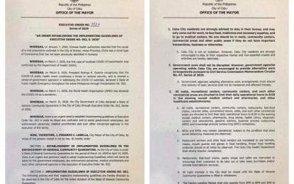 <p><strong>GUIDELINES</strong>. A copy of Executive Order No. 52-A establishing an implementing guidelines of the general community quarantine in Cebu City signed on Tuesday (March 17, 2020) by Mayor Edgardo Labella. The implementing guidelines clarified the policies earlier established under EO No. 52 to prevent the spread of Covid-19 in Cebu City. <em>(Screencap from the Cebu City Government official website)</em></p>