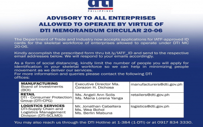 <p>E-mail addresses and contact details of the Department of Trade and Industy for the application of official Inter-Agency Task Force identification cards for the skeletal workforce allowed during the enhanced community quarantine in Luzon. <em>(Photo from DTI)</em></p>