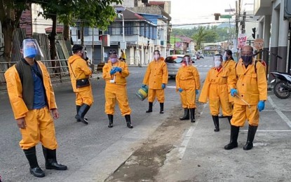 <p><strong>COMMUNITY DISINFECTION.</strong> Some of the village officials of Barangay 32 in Tacloban City who joined the disinfection drive using sprayers provided by a local business group. The PCCI Tacloban-Leyte has distributed disinfectants to villages on Tuesday (March 24, 2020) to boost the city’s battle against the coronavirus disease 2019. <em>(Photo courtesy of Kim B. Calceta)</em></p>