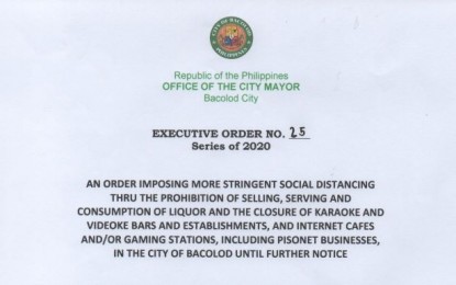 <p><strong>MORE STRINGENT MEASURES.</strong> A copy of Executive Order No. 25 issued by Bacolod City Mayor Evelio Leonardia, prohibiting the selling of liquor and ordering the closure of videoke bars and internet stations in the city starting Wednesday (March 25, 2020). The move is part of the more stringent social distancing measures to prevent the spread of Covid-19. <em>(Photo courtesy of Bacolod City PIO)</em></p>