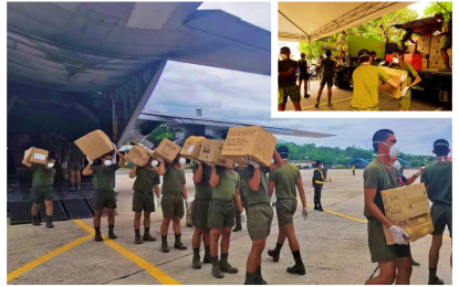 <p><strong>AUGMENTATION SUPPLIES.</strong> Military personnel unload boxes of medicine and personal protective equipment from a C-130 military transport plane intended for health frontliners in the Bangsamoro Autonomous Region in Muslim Mindanao. The supplies (inset), arrived via the Awang airport in Datu Odin Sinsuat, Maguindanao on Tuesday (March 24, 2020), for distribution across the BARMM this week. <em>(Photo courtesy of BPI-BARMM)</em></p>