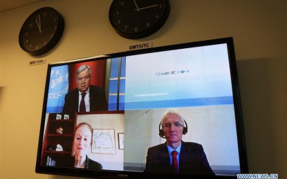 <p><strong>GLOBAL HUMANITARIAN RESPONSE PLAN</strong>. Photo taken on March, 25, 2020 at the United Nations headquarters in New York shows that participants attending the launch of the Covid-19 global humanitarian response plan via video teleconference. UN Secretary-General Antonio Guterres on Wednesday launched a 2-billion-U.S. dollar global humanitarian response plan to fight Covid-19 in some of the world's most vulnerable countries. <em>(Xinhua/Xie E)</em></p>
<p> </p>