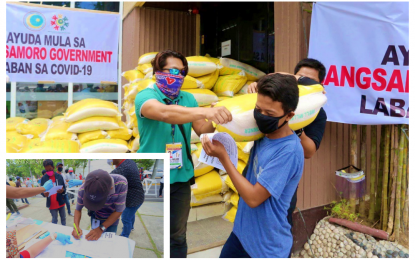 <p><strong>RICE ASSISTANCE.</strong> A pedicab driver accepts a bag of rice from the Ministry of Social Services and Development–Bangsamoro Autonomous Region in Muslim Mindanao in Cotabato City on Friday (March 27, 2020). Some 300 pedicab and motorcycle taxi drivers in the city (inset) benefited from the relief program amid the implementation of an enhanced community quarantine in the locality. <em>(Photo courtesy of BPI-BARMM)</em></p>