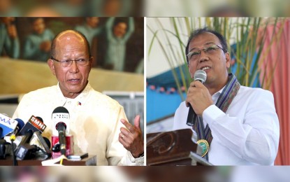 <p>Defense Secretary Delfin Lorenzana (left) and chief implementer of the country's National Policy Against Covid-19, Secretary Carlito Galvez Jr. (right)</p>