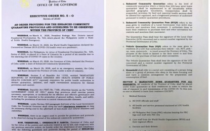<p><strong>BOUNDARIES CLOSED</strong>. First two of the 14-page Executive Order No. 5-O signed by Governor Gwendolyn Garcia implementing the enhanced community quarantine in Cebu starting at 12:01 a.m. on Monday. Garcia also ordered the closure of the boundaries of the cities of Mandaue and Talisay and the town of Balamban shared with Cebu City, as part of heightened effort to contain the coronavirus disease (Covid-19), in view of the Department of Health (DOH)-Central Visayas report of 18 confirmed cases at the capital city. <em>(PNA photo by John Rey Saavedra)</em></p>