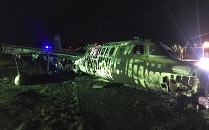 <p><strong>TRAGEDY.</strong> The ill-fated plane carrying eight passengers that burst into flames during takeoff at the NAIA on Sunday night (March 29, 2020). Authorities are still probing the cause of the accident. <em>(Photo courtesy of NAIA Media Affairs)</em></p>