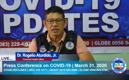 <p><strong>CONFIRMED CASE.</strong> South Cotabato provincial health officer, Dr. Rogelio Aturdido Jr. announces during a press conference Tuesday (March 31) that a 52-year-old man who traveled from Manila to South Cotabato on March 15-16, 2020 is the first positive coronavirus disease 2019 case in the province. The patient has been isolated and is very cooperative with the health workers, officials say. <em>(Photo by IPHO-South Cotabato)</em></p>
