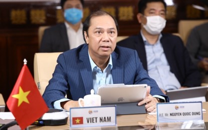 <p>Deputy FM Nguyễn Quốc Dũng, head of the Asean Senior Officials’ Meeting (SOM) Vietnam, chairs the teleconference <em>(VNA/VNS Photo Văn Điệp)</em></p>
