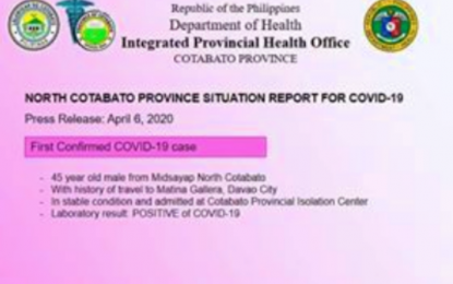 <p>The Department of Health report on North Cotabato’s first confirmed 2019 coronavirus disease case.</p>