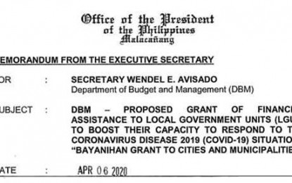 <p><strong>GRANT FOR LGUs.</strong> Local government units will receive an amount equivalent to a one-month Internal Revenue Allotment (IRA) share to boost their capacity to respond to the coronavirus disease (Covid-19) pandemic under the “Bayanihan Grant to Cities and Municipalities”. The City of Bacolod is expected to get financial assistance worth PHP119 million, Mayor Evelio Leonardia said on Tuesday (April 7, 2020). <em>(Photo from Rep. Greg Gasataya Facebook page)</em></p>