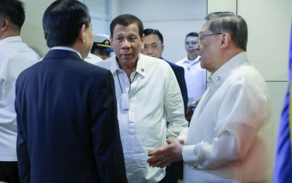 <p>President Rodrigo Duterte is accompanied by Finance Secretary Carlos Dominguez III upon his arrival at the Department of Finance Building inside the Bangko Sentral ng Pilipinas Complex in Manila for the courtesy call of Asian Development Bank President Masatsugu Asakawa on February 24, 2020. <em>(Presidential Photo)</em></p>