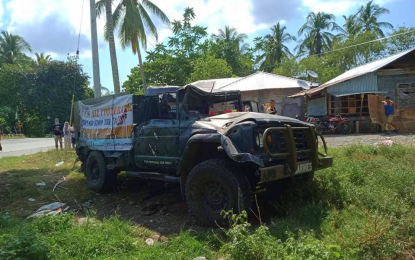 <p><strong>ILL-FATED VEHICLE.</strong> A Marine soldier died while 12 of his colleagues were injured after a military truck flipped over at a dangerous section of the road in Barangay Alamada, Sultan Kudarat, Maguindanao on Wednesday (April 8, 2020). The soldiers were reportedly heading to the town center for a marketing chore when the accident happened. <em>(Photo courtesy of Ella Dayawan – DXMS Cotabato)</em></p>