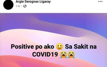 <p><strong>FALSE CLAIM.</strong> A screenshot of the Facebook post of 18-year-old Argie Ligaray found by the Sagay City Police on Monday (April 13, 2020). Policemen arrested the teenager for falsely claiming on social media that he was positive for the coronavirus disease.<em> (Photo courtesy of Sagay City Police Station)</em></p>