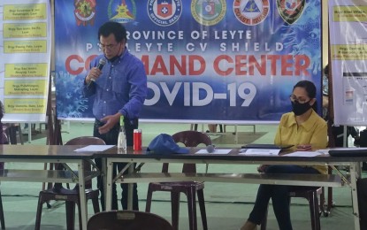 <p><strong>ANTI-COVID MEETING.</strong> Leyte Governor Leopoldo Dominico Petilla (standing) presides over a meeting of the provincial inter-agency task force on Covid-19 with Palo Mayor Frances Ann Petilla on Tuesday (April 14, 2020). The task force has approved the extension of the general community quarantine in Leyte until April 30. <em>(Photo courtesy of Leyte provincial government)</em></p>