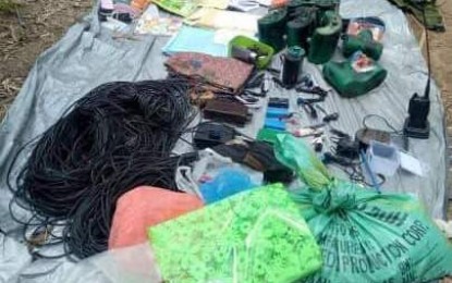 <p><strong>ENCOUNTER</strong>. The recovered items after a clash between soldiers and communist rebels in Barangay Gabao, Irosin town, Sorsogon province on Thursday morning (April 16, 2020). A rebel was killed in the clash.<em> (Photo courtesy of 9th Infantry Division)</em></p>