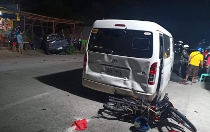 <p><strong>ECQ CHECKPOINT TRAGEDY.</strong> A female backrider of a motorcycle died while the driver sustained injuries after a Korean national on board a pick-up truck rammed into a line of vehicles at an enhanced community quarantine (ECQ) checkpoint in Barangay Talay, Dumaguete City on Wednesday evening(April 15, 2020). The Korean was allegedly driving under the influence of liquor. <em>(Photo by Juancho Gallarde)</em></p>