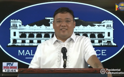 <p><strong>LIQUOR BAN.</strong> Presidential Spokesperson Harry Roque holds a virtual presser on Monday (April 20, 2020). Roque said Malacañang leaves to local government officials the discretion of whether to lift the total liquor ban or not amid the enhanced community quarantine to contain the coronavirus disease.<em> (Screenshot)</em></p>