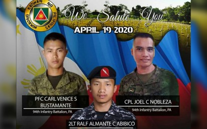 <p><strong>FALLEN SOLDIERS.</strong> The three soldiers of the Philippine Army’s 94th Infantry Battalion who died in a clash with communist-terrorist rebels in Himamaylan City, Negros Occidental on Sunday (April 19, 2020). Four other soldiers were wounded in the firefight. <em>(Photo from Kalinaw News Facebook page)</em></p>