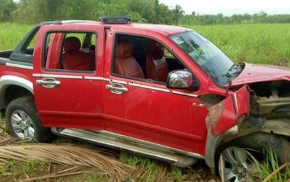 <p><strong>AMBUSHED.</strong> The bullet-riddled pickup truck of the Ambel clan that was waylaid in Barangay Marbel, Matalam, North Cotabato on Wednesday night (April 29, 2020). A village councilor of neighboring Barangay Kilada was killed while its village chairperson was hurt in the incident believed to be triggered by a deep-seated animosity between two clans in the area.<em> (Photo courtesy of North Cotabato PPO)</em></p>