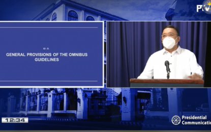 <p><strong>GUIDELINES.</strong> Presidential Spokesperson Harry Roque holds virtual presser on Thursday (April 30, 2020). Roque said the Inter-Agency Task Force for the Management of Emerging Infectious Diseases has approved new set of guidelines for areas under general community quarantine from May 1 to 15. <em>(Screenshot)</em></p>
