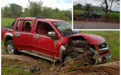 <p><strong>TORCHED</strong>. The red Isuzu pick-up vehicle (left) of slain councilor Norodin Ambel of Barangay Kilada, Matalam, North Cotabato believed to have been torched (inset) by the same gunmen who ambushed him on Wednesday night (April 29, 2020). Government forces are now securing the village of neighboring Barangay Marbel where the ambush took place in anticipation of a possible escalation of hostilities. <em>(Photos courtesy of Williamor Magbanua – DXND Kidapawan)</em></p>